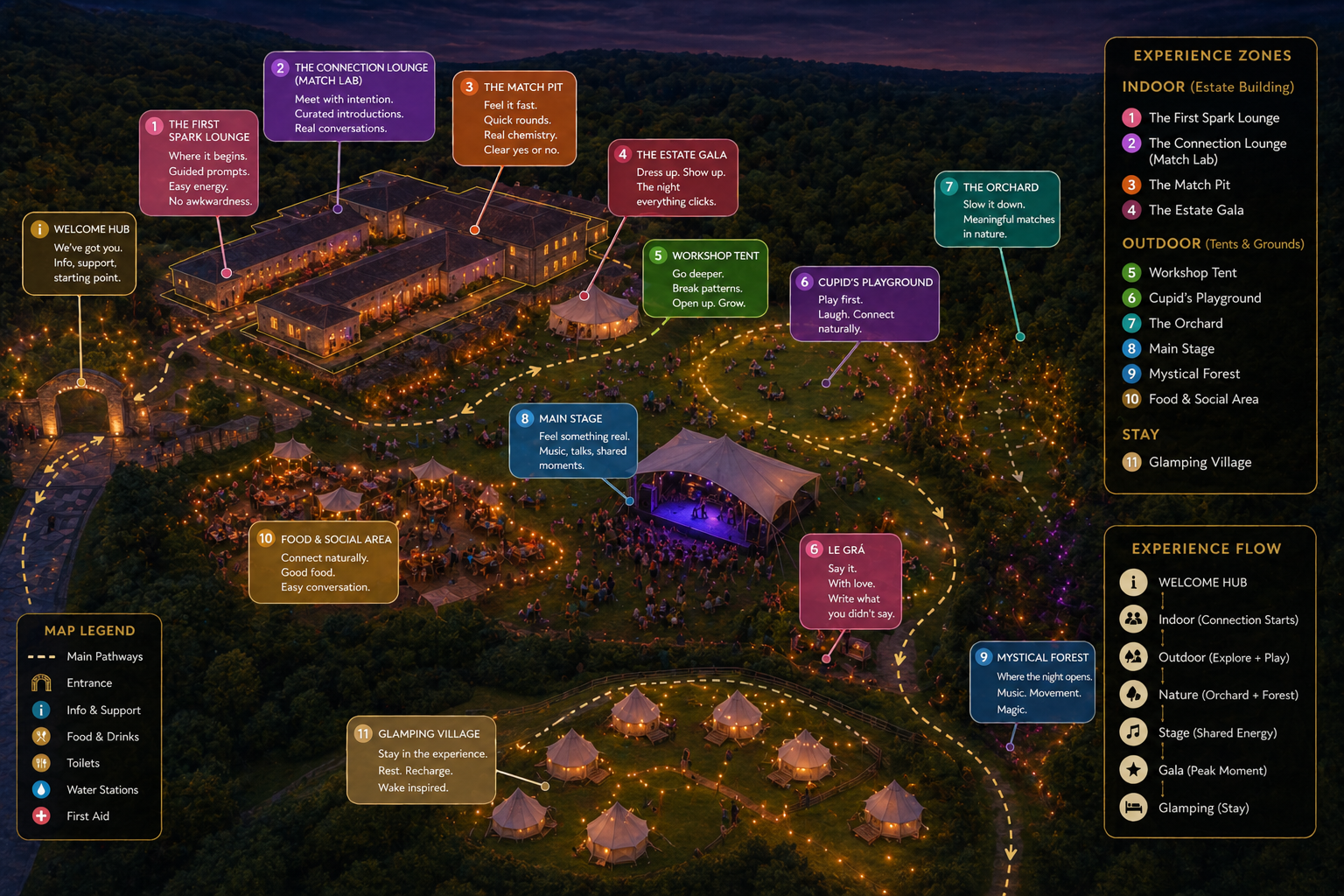 Love Éire Festival Site Map showing experience zones and flow